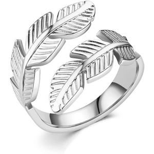 Delicate Double Feather Design Boho Fashion Adjustable Wrap Ring Silver A0133